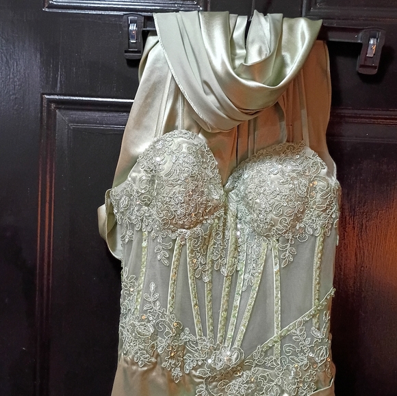 The Unbranded Brand Dresses & Skirts - Elegant Strapless Satin Sage Green Dress w/Sheer Corset Waist